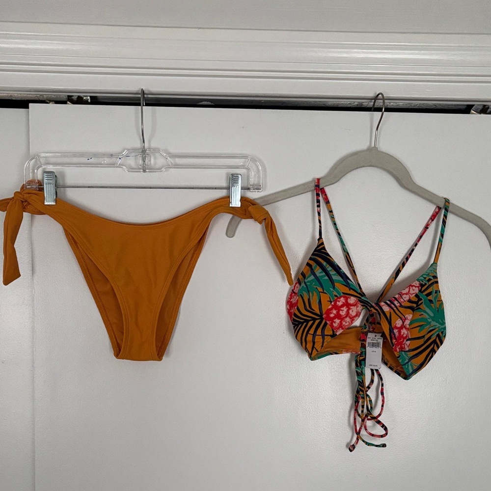 aerie Mustard Tie-Side Bikini Bottom with Tropical Print Tie-back Top